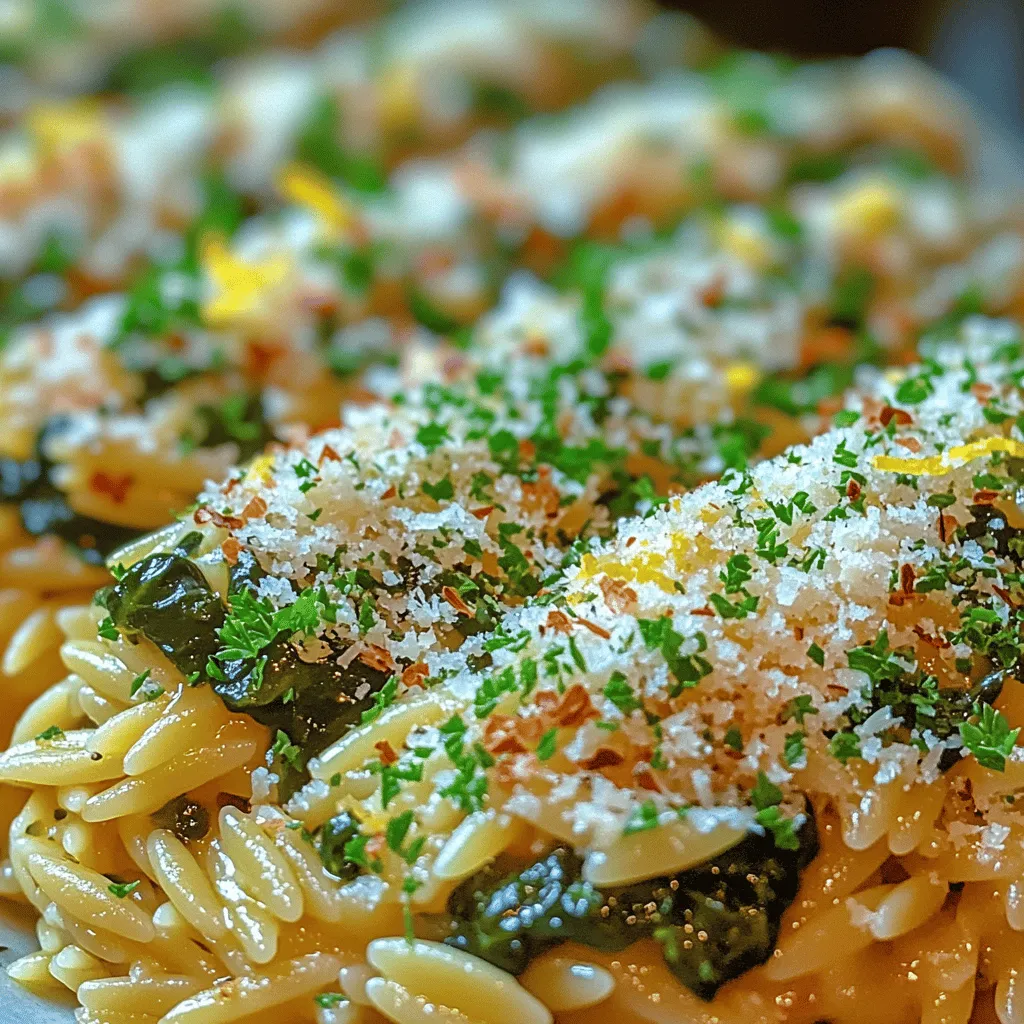 Welcome to the vibrant world of Zesty Lemon Spinach Orzo Bliss! This delightful dish is a celebration of flavors, merging the comforting texture of orzo pasta with the fresh brightness of lemon and the nutritious goodness of spinach. Whether you're seeking a quick weeknight dinner or a standout dish for a special gathering, this recipe promises to deliver both simplicity and sophistication. Its creamy texture, combined with the zing of lemon and the earthiness of spinach, makes it an irresistible choice for both casual cooks and seasoned culinary enthusiasts.