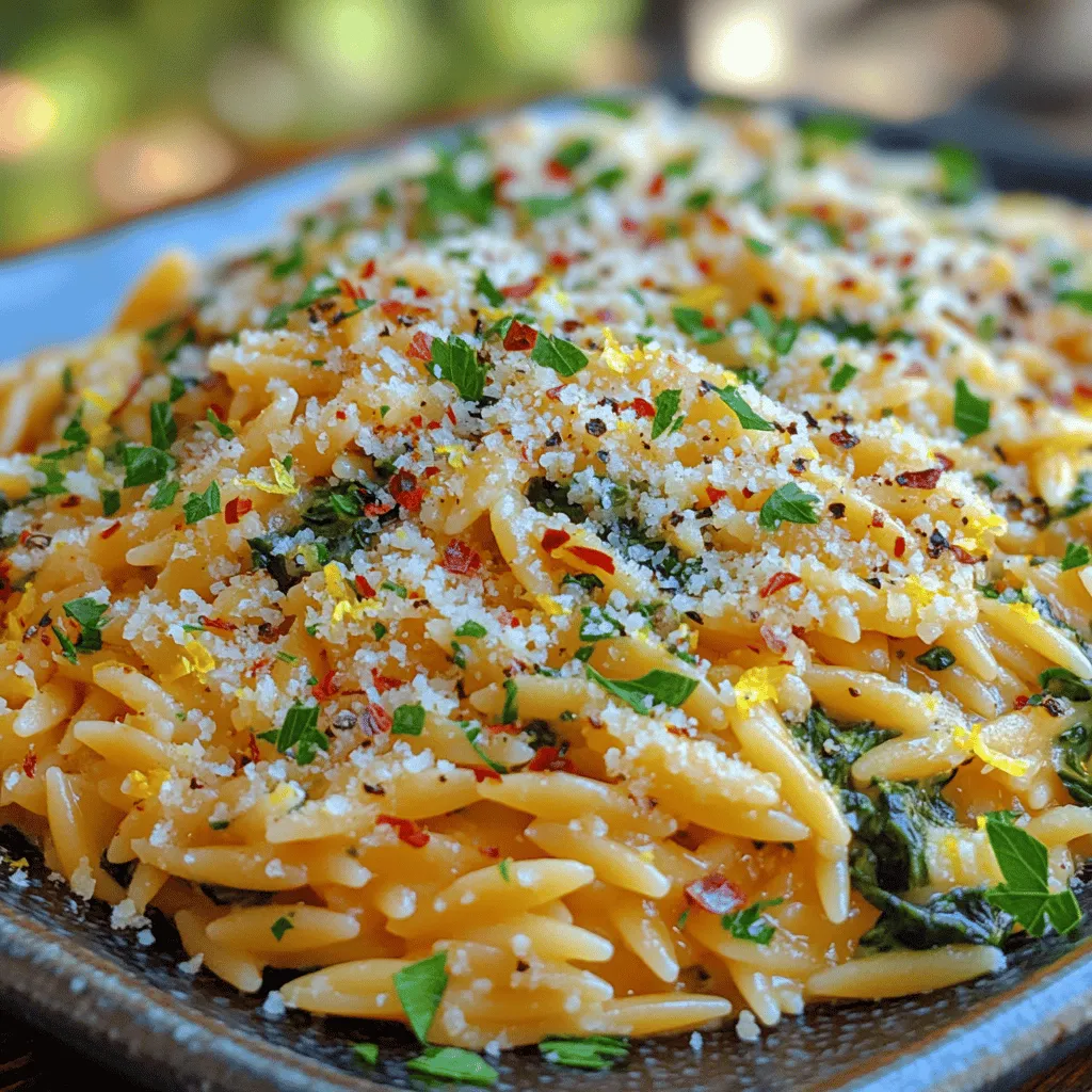 Welcome to the vibrant world of Zesty Lemon Spinach Orzo Bliss! This delightful dish is a celebration of flavors, merging the comforting texture of orzo pasta with the fresh brightness of lemon and the nutritious goodness of spinach. Whether you're seeking a quick weeknight dinner or a standout dish for a special gathering, this recipe promises to deliver both simplicity and sophistication. Its creamy texture, combined with the zing of lemon and the earthiness of spinach, makes it an irresistible choice for both casual cooks and seasoned culinary enthusiasts.