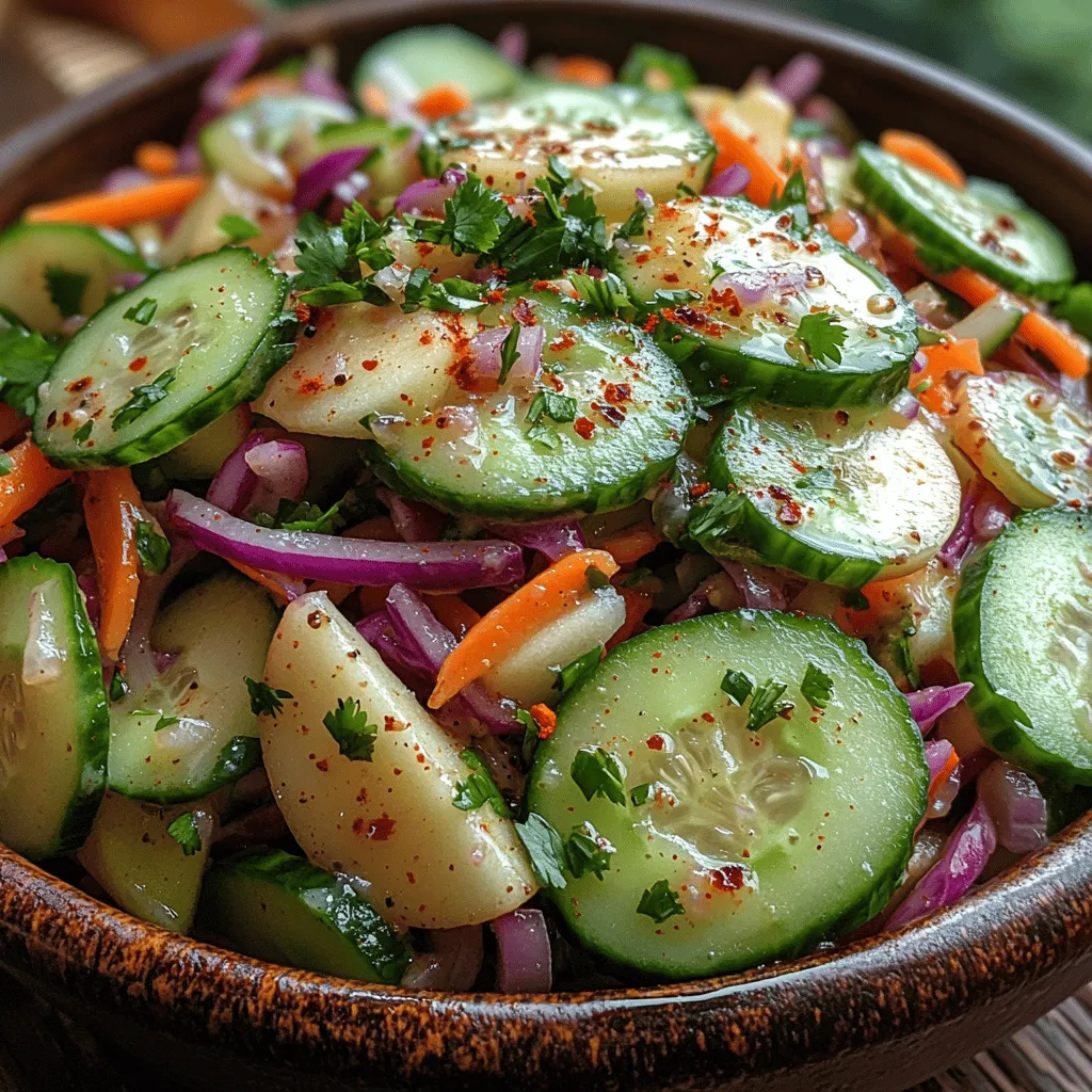 1. <strong>Cucumbers</strong>: A key component of this slaw, cucumbers are low in calories and high in water content, making them an excellent choice for hydration. They are an excellent source of vitamins K and C, as well as potassium, which are important for bone health and overall well-being. The mild flavor of cucumbers complements the other ingredients beautifully and adds a refreshing crunch to the dish.” /></p>
</p>
<h3>Combining Ingredients</h3>
</p>
<p>When it comes to creating the perfect Crisp & Zesty Cucumber Apple Slaw, the way you combine your ingredients can significantly affect the overall taste and texture. To ensure each component retains its characteristic crunch and flavor, follow these tips for effective mixing.</p>
</p>
<h4>Tips for Effectively Mixing the Slaw Without Bruising the Vegetables</h4>
</p>
<p>1. <strong>Use a Light Touch</strong>: When combining your slaw ingredients, use gentle folding motions rather than vigorous stirring. This approach helps maintain the integrity of the cucumber and apple slices, preventing them from becoming bruised or mushy.</p>
</p>
<p>2. <strong>Layer Ingredients</strong>: Start by layering your vegetables and fruits in the mixing bowl. Begin with the cucumbers at the bottom, followed by apples, carrots, and red onion. This method allows for more even distribution of flavors without excessive handling.</p>
</p>
<p>3. <strong>Dress Sparingly at First</strong>: If you are preparing the slaw ahead of time, consider adding the dressing only when you are ready to serve. This prevents the vegetables from releasing excess moisture, which can lead to sogginess. If you prefer to dress it beforehand, use a light hand with the dressing.</p>
</p>
<h4>The Impact of Standing Time on Flavor Melding and Texture</h4>
</p>
<p>Allowing your slaw to stand for a short period can enhance the flavors significantly. When the slaw sits, the ingredients begin to marinate in the dressing, allowing the flavors to meld beautifully. Aim for at least 15 to 30 minutes before serving, but be cautious not to let it sit too long, as the cucumbers can release moisture, causing the slaw to lose its crispness.</p>
</p>
<h3>Serving Suggestions for Cucumber Apple Slaw</h3>
</p>
<p><strong>Ideal Pairings with Main Dishes</strong></p>
</p>
<p>Crisp & Zesty Cucumber Apple Slaw is remarkably versatile and pairs well with a variety of main dishes. Here are some suggestions to help you create a balanced meal:</p>
</p>
<p>– <strong>Grilled Chicken or Fish</strong>: The zesty flavors of the slaw complement the smoky notes of grilled meats, making it a perfect side dish. Serve the slaw alongside grilled lemon herb chicken or cedar plank salmon for a refreshing contrast.</p>
</p>
<p>– <strong>Tacos</strong>: Elevate your taco night by using this slaw as a topping for fish or shrimp tacos. The crunchiness and acidity of the slaw balance the richness of the protein and add a vibrant color to your plates.</p>
</p>
<p>– <strong>Pulled Pork or BBQ</strong>: The sweetness of the apples in the slaw pairs wonderfully with the savory, spicy flavors of pulled pork or BBQ ribs. Serve the slaw on the side or even as a topping on a pulled pork sandwich for added texture.</p>
</p>
<p>– <strong>Asian-Inspired Dishes</strong>: Incorporate the slaw into Asian cuisine by pairing it with teriyaki chicken or tofu. The crisp, fresh elements of the slaw will enhance stir-fries or rice bowls, providing a textural contrast.</p>
</p>
<p><strong>Creative Ways to Incorporate the Slaw into Different Cuisines</strong></p>
</p>
<p>This slaw can seamlessly fit into various culinary traditions. Consider these creative ideas:</p>
</p>
<p>– <strong>Mediterranean Wraps</strong>: Use the slaw as a filling in pita wraps with hummus and grilled vegetables for a refreshing, healthy meal.</p>
</p>
<p>– <strong>Sushi Rolls</strong>: Incorporate the slaw into sushi rolls for a crunchy element that balances the creamy avocado and savory fish.</p>
</p>
<p>– <strong>Buddha Bowls</strong>: Top a grain bowl with a generous serving of the slaw alongside roasted vegetables, quinoa, and a protein of your choice for a nutritious and filling meal.</p>
</p>
<h3>Presentation Ideas</h3>
</p>
<p>The presentation of your slaw can enhance its appeal. Here are some eye-catching serving styles:</p>
</p>
<p>1. <strong>Layered in a Jar</strong>: For a visually striking presentation, layer the slaw in a mason jar. Start with the dressing at the bottom, followed by denser ingredients, and finish with the lighter ingredients on top. When ready to serve, simply shake the jar to mix the ingredients.</p>
</p>
<p>2. <strong>On a Platter</strong>: Arrange the slaw in the center of a large platter, surrounded by your main dish. This method allows for a beautiful family-style meal, encouraging diners to serve themselves.</p>
</p>
<p>3. <strong>Using Garnishes</strong>: Elevate the visual appeal with garnishes. A sprinkle of fresh cilantro adds a pop of color and freshness, while a dusting of red pepper flakes introduces a touch of heat. These small touches can make a significant difference in presentation.</p>
</p>
<h3>Nutritional Benefits of Cucumber Apple Slaw</h3>
</p>
<p><strong>Analyzing the Health Aspects</strong></p>
</p>
<p>Crisp & Zesty Cucumber Apple Slaw is not only delightful in taste but also packed with nutritional benefits. Here’s a breakdown of the calories and nutritional content per serving:</p>
</p>
<p>– <strong>Calories</strong>: Approximately 80-100 calories per serving, depending on the dressing used and portion size.</p>
<p>– <strong>Nutrients</strong>: This slaw is rich in vitamins A and C, fiber, and antioxidants, thanks to the variety of fresh vegetables and fruits.</p>
</p>
<p>The combination of cucumbers, apples, and carrots provides a plethora of nutrients that support overall health. Cucumbers are hydrating and low in calories, while apples offer dietary fiber and vitamin C. Carrots contribute beta-carotene, promoting healthy vision and skin.</p>
</p>
<p><strong>Understanding the Importance of Fresh Ingredients</strong></p>
</p>
<p>Using fresh ingredients is crucial for achieving the best flavor and nutritional value in your slaw. Seasonal produce not only tastes better but also provides maximum nutrients. When you use fresh cucumbers and apples, you’re not just enhancing the dish’s flavor; you’re also ensuring that your body receives the vitamins and minerals it needs to thrive.</p>
</p>
<p>Fresh ingredients also contribute to overall well-being. They are often higher in nutrients than their processed counterparts, supporting a balanced diet. By focusing on seasonal and locally sourced produce, you can elevate the quality of your meals and enjoy a more flavorful dining experience.</p>
</p>
<h3>Conclusion: The Joy of Fresh Flavors with Cucumber Apple Slaw</h3>
</p>
<p>The Crisp & Zesty Cucumber Apple Slaw is more than just a side dish; it’s a celebration of fresh, vibrant flavors that can elevate any meal. The crunch of cucumbers, the sweetness of apples, and the zesty dressing combine to create a refreshing dish that is both nutritious and delicious.</p>
</p>
<p>This slaw serves as a reminder of the joy found in simple, whole ingredients. By embracing fresh produce, you’re not only enhancing your meals but also nourishing your body. Whether enjoyed as a side, topping, or a central component of a dish, this slaw can be a staple in your culinary repertoire, ready to be served year-round. Embrace the crunch and zest, and let this slaw inspire your kitchen creations.</p>
</div>
