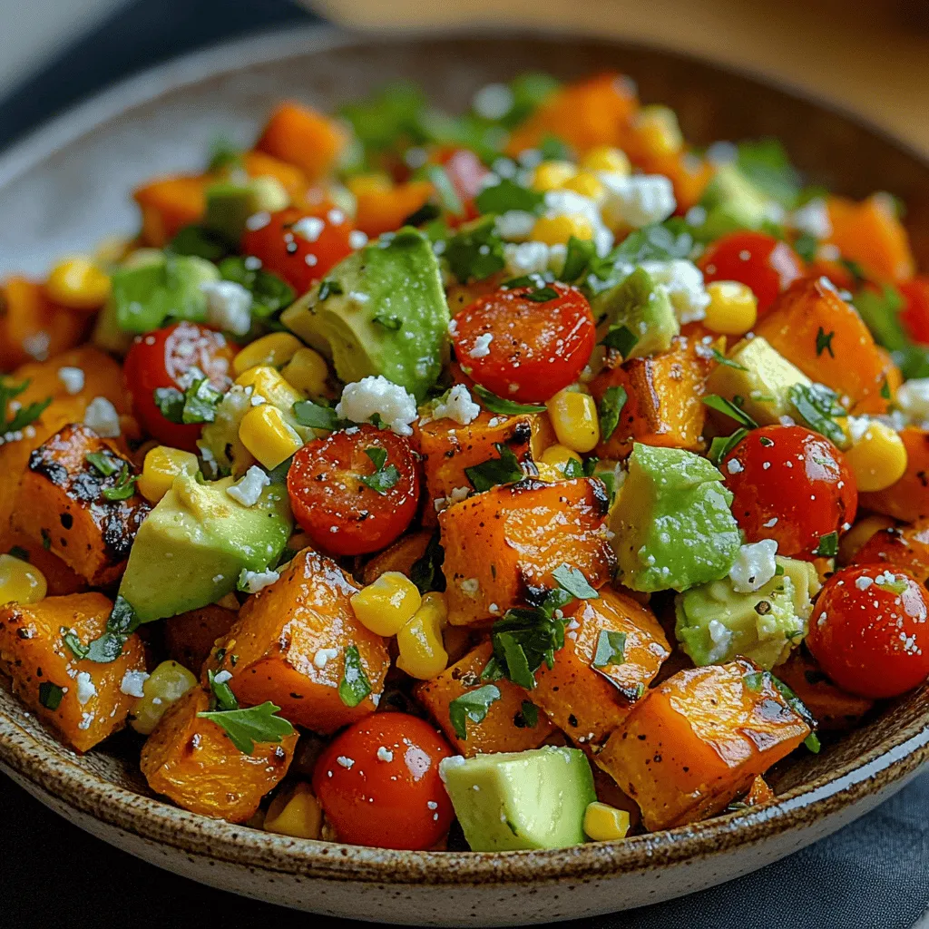 Welcome to a culinary adventure that celebrates the wholesome goodness of vegetables with our delightful <strong>Roasted Sweet Potato Corn Salad</strong>. This vibrant dish is a perfect combination of sweet and savory flavors, making it not just a meal but a feast for the senses. Whether served as a colorful side dish at your next family gathering or enjoyed as a light yet satisfying main course, this salad is sure to impress.” /></p>
</p>
<h3>Roasting Sweet Potatoes</h3>
</p>
<p>Roasting sweet potatoes is a pivotal step in preparing the Roasted Sweet Potato Corn Salad Delight. This cooking method not only enhances the natural sweetness of the potatoes but also introduces a rich depth of flavor that elevates the entire dish. The caramelization that occurs during roasting adds a beautiful complexity, making the sweet potatoes a star ingredient.</p>
</p>
<h4>Optimal Temperature Settings and Timing</h4>
</p>
<p>For perfectly roasted sweet potatoes, preheat your oven to 425°F (220°C). This temperature allows the sweet potatoes to cook through while developing a crispy exterior. Cut the sweet potatoes into uniform cubes—about 1-inch pieces—to ensure even cooking. Toss them in a bowl with olive oil, salt, and pepper before spreading them out on a baking sheet in a single layer. The roasting time will typically range from 25 to 30 minutes, depending on your oven and the size of the cubes. Halfway through, flip the sweet potatoes to ensure they brown evenly.</p>
</p>
<h3>Preparing the Corn</h3>
</p>
<p>Corn is a bright and juicy addition to this salad, and how you prepare it can greatly affect the overall texture and flavor of the dish. Depending on the form of corn you choose—fresh, frozen, or canned—there are several methods for preparation.</p>
</p>
<h4>Different Methods for Preparing Corn Based on Its Form</h4>
</p>
<p>– <strong>Fresh Corn</strong>: If using fresh corn, start by shucking the corn and removing the kernels from the cob. A sharp knife works best for this. You can then briefly sauté the kernels in a pan with a little olive oil over medium heat for about 5 to 7 minutes until they are tender and slightly charred, enhancing their sweetness.</p>
</p>
<p>– <strong>Frozen Corn</strong>: For frozen corn, no need to thaw. Simply add the frozen kernels directly to a heated pan with olive oil and sauté for about 5 minutes until they are heated through. This method retains the corn’s natural sweetness and adds a nice crunch.</p>
</p>
<p>– <strong>Canned Corn</strong>: If you opt for canned corn, drain and rinse the kernels under cold water to remove excess sodium. To enhance the flavor, sauté them for a few minutes as well, similar to frozen corn, to give them a fresh and vibrant taste.</p>
</p>
<h4>Tips for Achieving the Best Texture</h4>
</p>
<p>Regardless of the corn type, aim for a tender yet slightly crisp texture. Avoid overcooking the corn, as this can lead to mushiness. A quick sauté is often enough to enhance the sweetness and bring out the natural flavors, making it a delightful addition to your salad.</p>
</p>
<h3>Combining the Salad Ingredients</h3>
</p>
<p>Now that both the sweet potatoes and corn are prepared, it’s time to combine all of the salad ingredients for the Roasted Sweet Potato Corn Salad Delight. The order in which you mix the ingredients is crucial for ensuring even distribution of flavors and textures.</p>
</p>
<h4>Recommended Order for Mixing</h4>
</p>
<p>Begin by placing the roasted sweet potatoes in a large mixing bowl. Next, add the sautéed corn, along with any other vegetables you’ve chosen (like diced red onion, bell peppers, or cherry tomatoes). It’s essential to layer the ingredients thoughtfully so that each bite of the salad contains a variety of flavors and textures.</p>
</p>
<h4>Importance of Gently Tossing</h4>
</p>
<p>When combining the ingredients, gently toss them with a spatula or wooden spoon. This method helps to maintain the integrity of the roasted sweet potatoes and corn, preventing them from becoming mushy. A gentle touch ensures that every ingredient is well incorporated without damaging the delicate pieces.</p>
</p>
<h3>Making the Dressing</h3>
</p>
<p>The dressing is the final touch that ties this delightful salad together. A well-balanced dressing enhances the flavors of the ingredients while adding brightness and depth.</p>
</p>
<h4>Explanation of How to Balance Flavors in a Dressing</h4>
</p>
<p>For this salad, a simple vinaigrette made with olive oil, lime juice, and a touch of maple syrup or honey will work beautifully. The olive oil adds richness, while the lime juice provides acidity, brightening the overall flavor profile. To make the dressing, whisk together 1/4 cup of olive oil with the juice of two limes and a tablespoon of maple syrup. Season with salt and pepper to taste.</p>
</p>
<h4>Importance of Lime Juice for Brightness</h4>
</p>
<p>Lime juice is crucial in this dressing as it not only balances the sweetness of the roasted sweet potatoes and corn but also brings a refreshing zing that cuts through the richness of the oil. This balance makes each bite of the salad vibrant and enjoyable.</p>
</p>
<h3>Serving Suggestions</h3>
</p>
<p>Once your salad is assembled and dressed, it’s time to present it beautifully for serving.</p>
</p>
<h4>Presentation Ideas</h4>
</p>
<p>Consider serving the salad in a large, shallow bowl to showcase its colorful ingredients. For an added touch, garnish with freshly chopped cilantro or parsley. A sprinkle of crumbled feta or goat cheese on top can also enhance the visual appeal and add a creamy texture.</p>
</p>
<h4>Suggestions for Garnishing with Additional Herbs or Seeds</h4>
</p>
<p>To elevate the salad further, consider adding a sprinkle of toasted pumpkin seeds or sunflower seeds. These not only add a delightful crunch but also increase the nutritional value. Fresh herbs such as cilantro or mint can also provide a pop of color and flavor.</p>
</p>
<h3>Pairing Options</h3>
</p>
<p>The Roasted Sweet Potato Corn Salad Delight is versatile and pairs well with various dishes, making it a fantastic addition to any meal.</p>
</p>
<h4>Complementary Dishes to Serve Alongside the Salad</h4>
</p>
<p>For a well-rounded meal, consider serving it alongside grilled chicken or fish. The vibrant flavors of the salad complement the smoky notes of grilled meats beautifully. Alternatively, for a vegetarian option, pair it with quinoa or brown rice for added protein.</p>
</p>
<h4>Suggested Protein Options for a Complete Meal</h4>
</p>
<p>If you want to keep the meal plant-based, consider serving the salad with chickpeas or black beans for an extra protein boost. These options not only enhance the salad’s nutritional profile but also make it filling enough to stand alone as a meal.</p>
</p>
<h3>Nutritional Value Breakdown</h3>
</p>
<p>This salad is not only delicious but also packed with nutrients that support a healthy lifestyle.</p>
</p>
<h4>Analysis of Calories, Macronutrients, and Vitamins in the Salad</h4>
</p>
<p>A standard serving of the Roasted Sweet Potato Corn Salad Delight (approximately 1 cup) contains around 250 calories. It boasts a balanced macronutrient profile with about 10 grams of protein, 15 grams of healthy fats, and 30 grams of carbohydrates. The sweet potatoes provide an excellent source of vitamin A, while the corn offers fiber and essential B vitamins. Together, they create a nutrient-dense dish that is satisfying and nourishing.</p>
</p>
<h4>Discussion on How This Dish Fits into Various Dietary Lifestyles</h4>
</p>
<p>This salad is inherently vegan and gluten-free, making it suitable for a variety of dietary preferences. It’s an excellent choice for those following plant-based diets or anyone looking to add more vegetables to their meals. The use of whole ingredients ensures that it aligns with clean eating principles, making it a go-to recipe for health-conscious individuals.</p>
</p>
<h3>Conclusion</h3>
</p>
<p>The Roasted Sweet Potato Corn Salad Delight is a celebration of vibrant flavors, textures, and nutritional benefits. It combines the natural sweetness of roasted sweet potatoes with the juicy crunch of corn, all tied together by a bright and zesty dressing. This dish not only appeals to the taste buds but also supports a healthy lifestyle with its wholesome ingredients.</p>
</p>
<p>Cooking is an art that brings joy and satisfaction, especially when you can share delicious meals with friends and family. This salad is an excellent addition to your meal planning, encouraging you to experiment with variations and seasonal ingredients. Embrace the joy of cooking and enjoy the delightful experience of creating wholesome, flavorful dishes that nourish the body and soul.</p>
</div>
