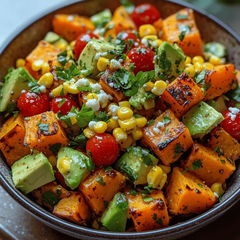 Welcome to a culinary adventure that celebrates the wholesome goodness of vegetables with our delightful Roasted Sweet Potato Corn Salad. This vibrant dish is a perfect combination of sweet and savory flavors, making it not just a meal but a feast for the senses. Whether served as a colorful side dish at your next family gathering or enjoyed as a light yet satisfying main course, this salad is sure to impress.