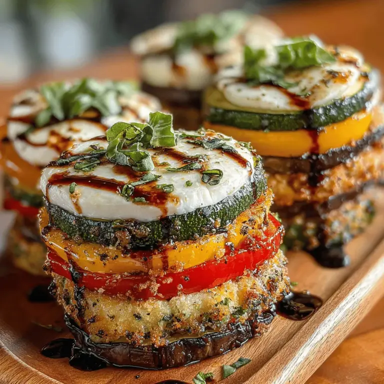 Balsamic glaze is a delightful addition that can elevate your Grilled Veggie & Mozzarella Stacks, providing a rich sweetness that balances the savory flavors of the grilled vegetables and creamy mozzarella. To make a balsamic glaze, simply simmer balsamic vinegar in a saucepan over medium heat until it reduces by half and thickens to a syrupy consistency. This usually takes about 10-15 minutes.