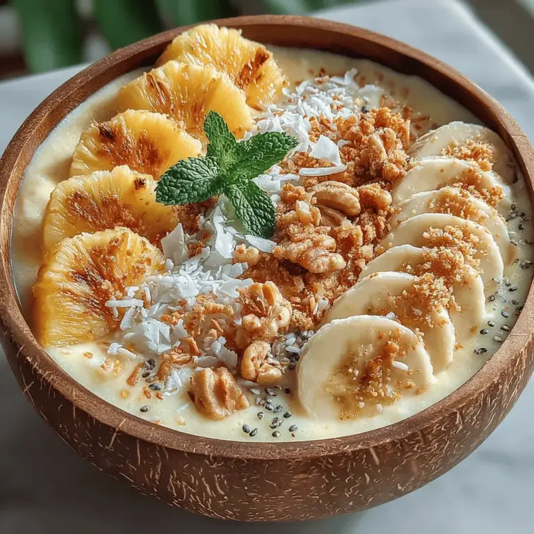 In the quest for refreshing, nutritious, and visually appealing meals, Tropical Bliss Frozen Pineapple Coconut Smoothie Bowls emerge as a perfect choice. These vibrant smoothie bowls combine the tropical sweetness of pineapple and banana with the creamy richness of coconut, creating a delightful experience for your taste buds. The allure of these smoothie bowls lies not only in their enticing flavors but also in their versatility, making them suitable for various occasions. Whether you're looking for a quick breakfast option, a post-workout snack, or simply a treat to brighten your day, this recipe is easy to whip up and can be customized to suit your preferences.