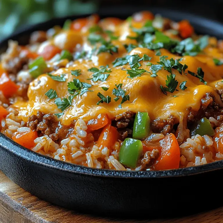 In the realm of home-cooked meals, few dishes hold the same charm as the Cheesy Ground Beef and Rice Skillet. This one-pan wonder is not only a feast for the eyes but also a comforting embrace for the taste buds. With its rich flavors and creamy texture, it seamlessly combines hearty ingredients into a satisfying meal that appeals to both kids and adults alike.
