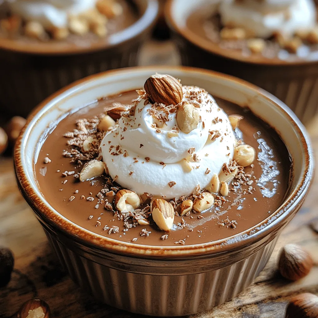 Desserts hold a special place in culinary traditions, often serving as the grand finale to memorable meals. Among the myriad of sweet options, the <strong>Indulgent Silky Chocolate Hazelnut Pot de Crème</strong> stands out as an elegant and decadent choice that captivates chocolate lovers everywhere. This rich, custard-like dessert offers an irresistible combination of creamy chocolate and nutty hazelnut flavors, making it a delightful treat for any occasion.” /></p>
</p>
<h3>Serving Suggestions</h3>
</p>
<p>When it comes to serving your Indulgent Silky Chocolate Hazelnut Pot de Crème, presentation is key. The visual appeal of your dessert can enhance the overall dining experience, making it not only a treat for the taste buds but also a feast for the eyes.</p>
</p>
<p><strong>Ideas for Plating and Presentation</strong></p>
<p>For the perfect plating, consider using elegant ramekins or small glass jars to showcase the rich, creamy texture of the pot de crème. Before serving, you can dust the top with a light sprinkle of cocoa powder or finely chopped hazelnuts for added texture and a touch of sophistication. For an extra indulgent touch, top each pot with a dollop of freshly whipped cream and a few chocolate shavings. A small sprig of mint can serve as a vibrant garnish, adding a pop of color and a refreshing aroma.</p>
</p>
<p><strong>Side Dishes That Complement the Main Recipe</strong></p>
<p>While the pot de crème is a stand-alone dessert, you can elevate the experience with complementary side dishes. A simple fruit salad made with seasonal berries or citrus can provide a refreshing contrast to the richness of the chocolate. Alternatively, serve it alongside delicate almond biscotti or buttery shortbread cookies for a delightful crunch that balances the smooth texture of the dessert.</p>
</p>
<p><strong>Pairing Suggestions for Beverages</strong></p>
<p>Pairing beverages with your pot de crème can enhance the overall flavor experience. A glass of dessert wine, such as a sweet Moscato or a rich port, will complement the chocolate and hazelnut flavors beautifully. For a non-alcoholic option, consider serving it with a bold brewed coffee or an espresso, which can accentuate the chocolate’s depth. Herbal teas, particularly those with hints of vanilla or spice, can also provide a lovely contrast.</p>
</p>
<h3>Variations of the Recipe</h3>
</p>
<p>One of the best aspects of the Indulgent Silky Chocolate Hazelnut Pot de Crème is its versatility. This recipe can easily be adapted to suit different tastes or seasonal ingredients.</p>
</p>
<p><strong>Different Styles or Regional Adaptations</strong></p>
<p>For a twist on the classic flavor profile, consider incorporating spices such as espresso powder or cinnamon to give the dessert a warm, comforting note. If you’re feeling adventurous, try adding a touch of orange zest or a drop of almond extract to the chocolate mixture. These flavors can evoke a European flair reminiscent of traditional French pastries.</p>
</p>
<p><strong>Suggestions for Adding Seasonal Ingredients</strong></p>
<p>Incorporating seasonal ingredients can make this recipe even more special. During the fall, for instance, you can add a hint of pumpkin spice or even a layer of spiced pumpkin puree at the bottom of the ramekins before pouring in the chocolate mixture. In the summer, fresh berries can be layered on top for a vibrant, fruity contrast.</p>
</p>
<p><strong>How to Customize the Recipe for Different Tastes</strong></p>
<p>If you’re catering to different dietary preferences, consider making a vegan version of this dessert. Substitute the eggs with silken tofu or a combination of cornstarch and almond milk, and use dairy-free chocolate. For those who enjoy a bit of crunch, add a layer of crushed hazelnuts or even a layer of a nut-based crust at the bottom of the ramekins for added texture and flavor.</p>
</p>
<h3>Storage and Reheating</h3>
</p>
<p>To maximize the enjoyment of your Indulgent Silky Chocolate Hazelnut Pot de Crème, proper storage and reheating are essential.</p>
</p>
<p><strong>Best Practices for Storing Leftovers</strong></p>
<p>After preparing the pot de crème, you can store any leftovers in the refrigerator. Make sure to cover the ramekins with plastic wrap or a lid to prevent any odors from the fridge from affecting the dessert. Properly stored, the pot de crème can last for up to 4 days in the refrigerator, maintaining its creamy texture and rich flavor.</p>
</p>
<p><strong>How to Properly Reheat the Dish Without Compromising Quality</strong></p>
<p>If you wish to serve the pot de crème warm, gently reheat it in the microwave. Be sure to do so in short intervals (about 10-15 seconds), stirring in between to ensure even heating without causing the chocolate to seize. Alternatively, you can place the ramekins in a warm water bath to gently warm them up without direct heat, preserving the silky texture.</p>
</p>
<p><strong>Freezing Options and Tips</strong></p>
<p>While pot de crème is best enjoyed fresh, you can freeze it for longer storage. To do this, allow the dessert to cool completely and then cover each ramekin tightly with plastic wrap before placing them in the freezer. They can be stored for up to 2 months. When you’re ready to enjoy it, thaw the ramekins in the refrigerator overnight, and then follow the reheating tips mentioned above for the best results.</p>
</p>
<h3>Nutritional Information</h3>
</p>
<p>Understanding the nutritional value of your Indulgent Silky Chocolate Hazelnut Pot de Crème can enhance your enjoyment of this decadent treat, especially if you’re mindful of your dietary choices.</p>
</p>
<p><strong>Breakdown of Calories and Key Nutrients per Serving</strong></p>
<p>Each serving of this pot de crème contains approximately 350-400 calories, depending on the specific ingredients used. It is rich in healthy fats from the hazelnuts and provides a good source of protein due to the eggs. Each serving also contains essential vitamins and minerals, particularly vitamin E and magnesium from the hazelnuts.</p>
</p>
<p><strong>Health Benefits of the Main Ingredients</strong></p>
<p>Hazelnuts are not only delicious but also packed with nutrients. They are high in fiber, which supports digestive health, and contain heart-healthy fats that can help lower cholesterol levels. Dark chocolate, a key ingredient in this recipe, is loaded with antioxidants and may improve heart health when consumed in moderation. Eggs provide quality protein, which is essential for muscle repair and overall health.</p>
</p>
<p><strong>Considerations for Different Dietary Lifestyles</strong></p>
<p>For those following a low-carb or keto diet, this dessert is a suitable option when made with sugar substitutes. If you’re looking for a gluten-free sweet treat, this pot de crème is naturally gluten-free, making it an excellent choice for those with gluten sensitivities.</p>
</p>
<h3>Conclusion</h3>
</p>
<p>The Indulgent Silky Chocolate Hazelnut Pot de Crème is not just a dessert; it is an experience that combines rich flavors, smooth textures, and an air of sophistication. From its elegant presentation to its customizable variations, this dessert has something for everyone.</p>
</p>
<p>Cooking at home allows you to explore your culinary creativity, and this recipe is a perfect opportunity to do just that. Whether you choose to serve it at a dinner party or enjoy it as a personal treat, this pot de crème is sure to impress. Don’t be afraid to experiment with different flavors and ingredients to make it your own. Embrace the joy of cooking and indulge in the deliciousness that is the chocolate hazelnut pot de crème.</p>
</div>