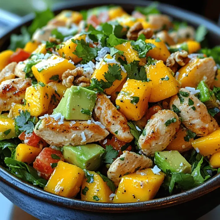 Welcome to the vibrant world of Tropical Bliss: Fresh Mango Coconut Chicken Salad! This dish brings together the succulent flavors of ripe mangoes, creamy coconut, and tender chicken to create a refreshing and satisfying meal that's perfect for warm weather or whenever you're craving a taste of the tropics. The combination of fresh ingredients and zesty flavors makes this salad not just a dish, but an experience that transports you to sun-soaked beaches and swaying palm trees.