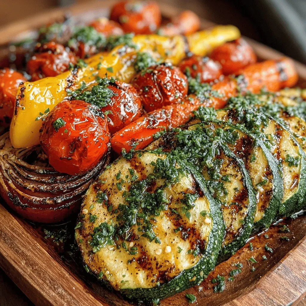 <strong>Exploring Fresh Produce</strong>” /></p>
</p>
<p>Grilling vegetables is not just about tossing them on the fire; it’s an art that requires attention to detail to achieve the best results. When preparing your Garlic Herb Grilled Vegetables, there are vital steps to ensure your dish turns out flavorful and visually appealing. Here, we delve into the importance of grilling techniques, serving ideas, nutritional benefits, and variations that can cater to diverse palates.</p>
</p>
<h2>Importance of Preheating the Grill and Achieving the Right Temperature</h2>
</p>
<p>Before you even think about placing your vegetables on the grill, preheating is key. This step ensures that the grill reaches the optimal temperature, allowing for better searing and flavor development. A well-preheated grill helps vegetables develop those coveted grill marks while also locking in moisture. Aim for a grill temperature of around 400°F to 450°F for the best grilling experience.</p>
</p>
<h3>Choosing Between Direct Grilling and Using a Grill Basket</h3>
</p>
<p>When it comes to grilling vegetables, you have two primary options: direct grilling and using a grill basket.</p>
</p>
<p>– <strong>Direct Grilling</strong>: This method is ideal for larger, sturdier vegetables like bell peppers, zucchini, and corn. Place them directly on the grill grates for a charred flavor. However, keep an eye on them to avoid burning.</p>
</p>
<p>– <strong>Grill Basket</strong>: A grill basket is perfect for smaller or cut vegetables like cherry tomatoes or sliced mushrooms that might fall through the grates. It allows for even cooking while providing the same smoky flavor.</p>
</p>
<p>Mastering the right technique will elevate the quality of your Garlic Herb Grilled Vegetables, ensuring they are delicious and perfectly cooked.</p>
</p>
<h2>Tips for Grilling Times and Checking for Doneness</h2>
</p>
<p>Grilling times can vary based on the type and size of your vegetables. Here’s a handy guideline:</p>
</p>
<p>– <strong>Bell Peppers</strong>: 8-10 minutes, turning occasionally</p>
<p>– <strong>Zucchini and Summer Squash</strong>: 6-8 minutes, turning halfway</p>
<p>– <strong>Mushrooms</strong>: 5-7 minutes, turning occasionally</p>
<p>– <strong>Asparagus</strong>: 4-6 minutes, turning halfway</p>
<p>– <strong>Carrots</strong>: 10-12 minutes, depending on thickness</p>
</p>
<p>To check for doneness, look for a slight char and tenderness. A fork should easily pierce through the vegetable, indicating it’s ready to be removed from the grill.</p>
</p>
<h3>How to Achieve Perfect Grill Marks While Preventing Smaller Vegetables from Falling Through the Grates</h3>
</p>
<p>To achieve those beautiful grill marks, start with a clean grill. Ensure the grates are well-oiled before placing the vegetables on them. This not only prevents sticking but also enhances the grill marks. If using a grill basket, preheat it as well before adding your veggies.</p>
</p>
<p>For smaller vegetables, consider skewering them or using a grill mat, which allows for great airflow while preventing them from falling through the grates.</p>
</p>
<h2>Serving Suggestions</h2>
</p>
<h3>Presenting Your Grilled Vegetables</h3>
</p>
<p>Once your Garlic Herb Grilled Vegetables are ready, presentation plays a crucial role in enticing your guests. Here are some creative plating ideas:</p>
</p>
<p>– <strong>Layering</strong>: Stack the vegetables in alternating colors to create a visually appealing mound on the plate.</p>
<p>– <strong>Garnishing</strong>: Drizzle a balsamic reduction or a sprinkle of feta cheese on top for added flavor and visual appeal.</p>
<p>– <strong>Serving on a Board</strong>: Arrange the grilled vegetables on a wooden serving board, garnished with fresh herbs for a rustic touch.</p>
</p>
<h3>Pairing Suggestions with Proteins or Grains for a Complete Meal</h3>
</p>
<p>These grilled vegetables pair beautifully with various proteins or grains to create a complete meal. Consider serving them alongside:</p>
</p>
<p>– <strong>Grilled Chicken or Fish</strong>: The smokiness of the grilled vegetables complements the flavors of grilled meats.</p>
<p>– <strong>Quinoa or Couscous</strong>: For a hearty vegetarian option, serve them over a bed of quinoa or couscous, topped with a drizzle of olive oil and lemon juice.</p>
<p>– <strong>Pasta</strong>: Toss them with pasta, olive oil, and Parmesan for a delightful summer dish.</p>
</p>
<h3>Serving Temperature Preferences: Warm versus Room Temperature</h3>
</p>
<p>Garlic Herb Grilled Vegetables can be enjoyed warm or at room temperature, making them a versatile option for any meal. Serving them warm enhances the flavors, while room temperature allows for the herbs to express their full aroma. Choose based on your preference or occasion, as both options are equally delicious.</p>
</p>
<h2>Nutritional Benefits</h2>
</p>
<h3>Health Aspects of Grilled Vegetables</h3>
</p>
<p>Grilled vegetables are not only delicious but also packed with nutrients. Here’s a quick overview of the vitamins and minerals you can expect from common vegetables in this recipe:</p>
</p>
<p>– <strong>Bell Peppers</strong>: Rich in vitamins A and C, which support immune function and skin health.</p>
<p>– <strong>Zucchini</strong>: Provides vitamin C and potassium, essential for heart health.</p>
<p>– <strong>Mushrooms</strong>: A good source of B vitamins and selenium, which plays a role in antioxidant defense.</p>
<p>– <strong>Asparagus</strong>: High in vitamins K, C, and folate, promoting healthy blood clotting and overall well-being.</p>
</p>
<h3>How Grilling Retains Nutrients Compared to Other Cooking Methods</h3>
</p>
<p>Grilling vegetables is one of the healthiest cooking methods as it preserves nutrients better than boiling or frying. The high heat of the grill helps to caramelize the natural sugars in vegetables without requiring additional fats or oils. This method enhances the flavor while keeping the calorie count low, making it an excellent choice for health-conscious individuals.</p>
</p>
<h3>The Benefits of a Plant-Based Diet Highlighted Through This Recipe</h3>
</p>
<p>Incorporating more plant-based foods into your diet has numerous benefits, including improved heart health, weight management, and lower risks of chronic diseases. Garlic Herb Grilled Vegetables offer a delightful way to enjoy seasonal produce while reaping the rewards of a plant-based diet.</p>
</p>
<h2>Variations and Customizations</h2>
</p>
<h3>Adapting the Recipe to Your Taste</h3>
</p>
<p>The beauty of Garlic Herb Grilled Vegetables lies in their adaptability. Here are some suggestions for variations:</p>
</p>
<p>– <strong>Other Vegetables</strong>: Feel free to include eggplant, broccoli, or even sweet potatoes for added flavor and texture.</p>
<p>– <strong>Alternative Herbs and Spices</strong>: Experiment with different herbs such as rosemary, thyme, or even chili flakes for a spicy kick. You can also add a splash of soy sauce or balsamic vinegar for a different flavor profile.</p>
</p>
<h3>Making It Suitable for Different Dietary Preferences</h3>
</p>
<p>This recipe is inherently vegan and gluten-free, making it a suitable option for various dietary preferences. If you’re looking to cater to a specific audience, consider these adjustments:</p>
</p>
<p>– <strong>Vegan</strong>: The recipe is already vegan, but you can enhance the flavor with vegan cheese or a cashew cream drizzle.</p>
<p>– <strong>Gluten-Free</strong>: Ensure all ingredients, especially seasonings, are gluten-free.</p>
</p>
<h2>Conclusion</h2>
</p>
<p>Garlic Herb Grilled Vegetables not only make for a vibrant addition to any plate but also deliver a wealth of health benefits and flavors. This recipe is an excellent way to enjoy seasonal produce, and with its straightforward preparation and cooking process, it’s perfect for cooks of any skill level. Whether served as a side or a main dish, this grilled vegetable medley is sure to impress your family and friends.</p>
</p>
<p>Embrace the freshness of grilled vegetables and savor the delightful combination of garlic and herbs in each bite. With endless customization options, you can create a dish that suits your taste while promoting a healthier lifestyle. Enjoy the art of grilling and elevate your meals with this simple yet delicious recipe.</p>
</div>