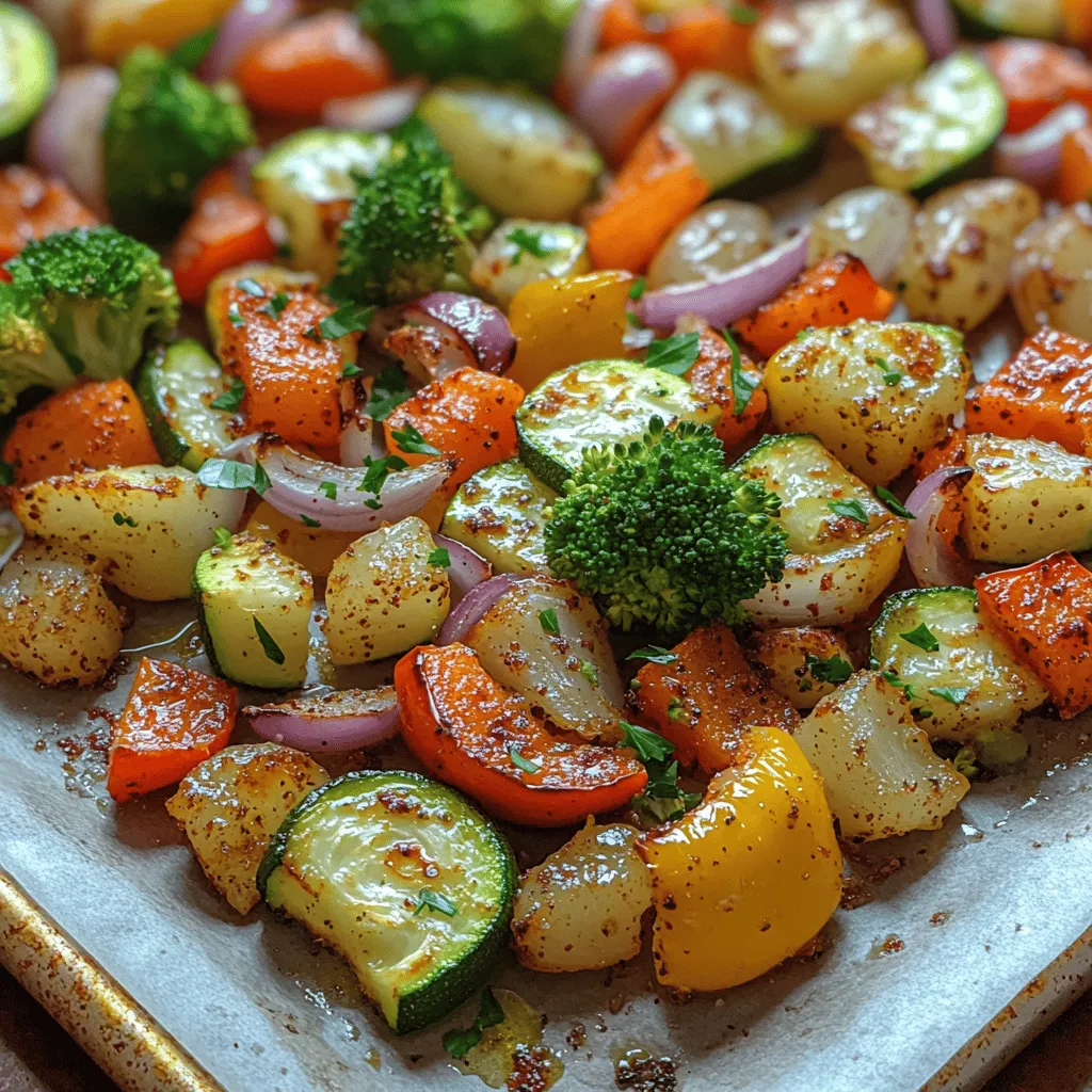 Roasted vegetables have become a staple in the culinary world, celebrated for their ability to transform simple ingredients into a flavorful and nutritious dish. The method of roasting not only brings out the natural sweetness of vegetables but also enhances their textures, making them both satisfying and delicious. Among the myriad of roasted vegetable recipes, <strong>Vibrant Crunchy Roasted Rainbow Veggies</strong> stands out as a colorful, healthful option that appeals to a wide range of palates. This dish is not just about aesthetics; it’s a celebration of flavor and nutrition that can serve as a delightful side or a hearty main course.” /></p>
</p>
<p>Roasting vegetables is a culinary technique that not only enhances their natural flavors but also creates a delightful texture that is hard to resist. In this section, we will delve into the essential steps of preparing, roasting, and serving your Vibrant Crunchy Roasted Rainbow Veggies. By understanding the science behind the process, you can ensure perfectly roasted vegetables every time.</p>
</p>
<h2>Importance of Preheating the Oven and the Science Behind Roasting</h2>
</p>
<p>Preheating your oven is a crucial step in the roasting process. When the oven reaches the desired temperature before you place your vegetables inside, it helps to achieve that golden-brown exterior while retaining the internal moisture of the veggies. The heat initiates the Maillard reaction, a chemical process that occurs when food is exposed to high temperatures, resulting in complex flavors and a beautiful caramelization of the sugars present in the vegetables. This reaction is what gives roasted veggies their appealing taste and texture.</p>
</p>
<h2>Detailed Instructions on Preparing the Veggies for Even Cooking</h2>
</p>
<h3>Techniques for Washing and Cutting Vegetables</h3>
</p>
<p>Before you start chopping, it’s essential to wash your vegetables thoroughly to remove any dirt or pesticides. Rinse each vegetable under cool water and gently scrub the skins using a vegetable brush. Once clean, dry them with a clean kitchen towel or paper towels.</p>
</p>
<p>When it comes to cutting, uniformity is key. Aim for pieces that are similar in size—about 1-inch cubes or bite-sized chunks. This ensures that they cook evenly and at the same rate. For example, root vegetables like carrots and sweet potatoes may take longer to roast than bell peppers or zucchini, so slicing them into smaller pieces can help balance the cooking time.</p>
</p>
<h3>Importance of Uniform Size for Even Roasting</h3>
</p>
<p>As you prepare your vegetables, remember that the size of each piece significantly impacts the final outcome. If some pieces are larger than others, the smaller pieces may end up overcooked while the larger pieces remain undercooked. To achieve perfectly roasted rainbow veggies, invest a little time in making sure every piece is roughly the same size.</p>
</p>
<h2>Mixing Seasonings: The Role of Each Seasoning in Enhancing Flavor</h2>
</p>
<p>Once your vegetables are cut and ready to go, it’s time to mix in the seasonings. The right combination of herbs and spices can elevate the flavors of your roasted veggies. A simple mix of olive oil, salt, pepper, garlic powder, and dried herbs like thyme or rosemary works wonders.</p>
</p>
<p>– <strong>Olive Oil</strong>: It not only helps vegetables achieve that crispy texture but also enhances the absorption of fat-soluble vitamins.</p>
<p>– <strong>Salt</strong>: Essential for enhancing the natural flavors of the vegetables. Use it sparingly at first; you can always add more later.</p>
<p>– <strong>Pepper</strong>: Offers a subtle heat that complements the sweetness of the veggies.</p>
<p>– <strong>Garlic Powder</strong>: Adds a depth of flavor that pairs beautifully with roasted vegetables.</p>
<p>– <strong>Herbs</strong>: Fresh or dried herbs like thyme, oregano, or rosemary contribute aromatic qualities that transform the dish.</p>
</p>
<h2>Tossing and Roasting Techniques</h2>
</p>
<h3>Coating Vegetables Evenly with Seasoning</h3>
</p>
<p>To ensure every piece is well-seasoned, place the cut vegetables in a large mixing bowl. Drizzle the olive oil over them, and sprinkle the seasonings evenly. Using your hands, toss the vegetables thoroughly until they are coated in the oil and seasonings. This step not only enhances flavor but also ensures that none of the vegetables are left bland.</p>
</p>
<h3>Importance of Spreading Vegetables in a Single Layer</h3>
</p>
<p>When it comes to roasting, less is often more. Spread the seasoned veggies in a single layer on your baking sheet, leaving some space between each piece. This arrangement allows hot air to circulate around the vegetables, promoting even cooking and preventing steaming, which can result in soggy veggies.</p>
</p>
<h3>Stirring Halfway Through the Roasting Process</h3>
</p>
<p>For optimal texture, it’s important to stir the vegetables halfway through the roasting process. This will help them brown evenly on all sides. Use a spatula to flip them over gently, ensuring not to mash or break them apart. This simple step is key to achieving that delightful crunch we all love.</p>
</p>
<h2>Finishing Touches for Flavor Enhancement</h2>
</p>
<h3>Optional Addition of Balsamic Vinegar</h3>
</p>
<p>For an extra layer of flavor, consider drizzling balsamic vinegar over the roasted veggies just before serving. The acidity of the vinegar balances the sweetness of the roasted vegetables, adding brightness to the dish. This finishing touch can transform your vibrant rainbow veggies into a gourmet side that impresses your family and friends.</p>
</p>
<h3>Role of Garnishing with Fresh Parsley</h3>
</p>
<p>A sprinkle of fresh parsley not only enhances the presentation but also adds a fresh, herbal note that complements the roasted flavors. The vibrant green color of the parsley provides a beautiful contrast against the colorful veggies, making the dish visually appealing and enticing. Plus, fresh herbs are known for their health benefits, including antioxidant properties.</p>
</p>
<h2>Serving Suggestions</h2>
</p>
<h3>As a Side Dish with Grilled Meats or Fish</h3>
</p>
<p>These roasted rainbow veggies make a perfect side dish for grilled meats or fish. Their vibrant colors and diverse flavors complement the richness of grilled proteins, making for a well-rounded meal. Serve them alongside grilled chicken, salmon, or even a plant-based protein like tofu for a delightful dinner.</p>
</p>
<h3>As a Main Course Served Over Grains or Mixed Into Salads</h3>
</p>
<p>For a lighter meal, you can enjoy the roasted veggies as a main course. Serve them over a bed of quinoa, brown rice, or couscous for a hearty and nutritious dish. Alternatively, toss them into a fresh salad with mixed greens, nuts, and a tangy vinaigrette for a colorful and satisfying lunch.</p>
</p>
<h3>Suggestions for Meal Prepping with Roasted Vegetables</h3>
</p>
<p>Roasted vegetables are perfect for meal prepping. Make a large batch at the beginning of the week and store them in airtight containers in the fridge. You can easily add them to wraps, grain bowls, or stir-fries, ensuring you have healthy options ready to go for quick lunches or dinners throughout the week.</p>
</p>
<h2>Nutritional Information and Health Benefits</h2>
</p>
<h3>Overview of the Nutritional Profile</h3>
</p>
<p>This Vibrant Crunchy Roasted Rainbow Veggies dish is not only delicious but also packed with nutrients. A typical serving (about 1 cup) contains approximately:</p>
</p>
<p>– <strong>Calories</strong>: 120</p>
<p>– <strong>Protein</strong>: 3g</p>
<p>– <strong>Fat</strong>: 7g</p>
<p>– <strong>Carbohydrates</strong>: 15g</p>
<p>– <strong>Fiber</strong>: 4g</p>
<p>– <strong>Vitamins</strong>: A, C, K, and various B vitamins</p>
</p>
<p>The exact nutritional profile will depend on the specific vegetables used and the amount of oil and seasoning.</p>
</p>
<h3>Health Benefits of Colorful Vegetables</h3>
</p>
<p>Including a variety of colorful vegetables in your diet is essential for optimal health. Different colors indicate different types of phytonutrients, which have various health benefits:</p>
</p>
<p>– <strong>Red vegetables</strong> (like bell peppers and tomatoes) are rich in lycopene, known for its antioxidant properties.</p>
<p>– <strong>Orange and yellow vegetables</strong> (like carrots and sweet potatoes) offer beta-carotene, which supports eye health.</p>
<p>– <strong>Green vegetables</strong> (like broccoli and zucchini) are high in vitamins C and K, contributing to immune support and bone health.</p>
<p>– <strong>Purple vegetables</strong> (like eggplant and purple carrots) contain anthocyanins, which have been linked to heart health.</p>
</p>
<p>Consuming a variety of these colorful vegetables can help provide your body with essential vitamins, minerals, and antioxidants, promoting overall health and well-being.</p>
</p>
<h2>Conclusion</h2>
</p>
<p>In summary, making Vibrant Crunchy Roasted Rainbow Veggies is a rewarding culinary experience that not only yields a delicious dish but also offers numerous health benefits. The combination of preheating the oven, preparing vegetables uniformly, and mastering the art of seasoning and roasting can elevate your cooking skills.</p>
</p>
<p>Don’t hesitate to experiment with different vegetables and seasonings based on your preferences. Cooking should be a joyful and creative process, allowing you to express yourself while nourishing your body. So gather your favorite veggies, roll up your sleeves, and enjoy the delightful journey of preparing healthy meals!</p>
</div>