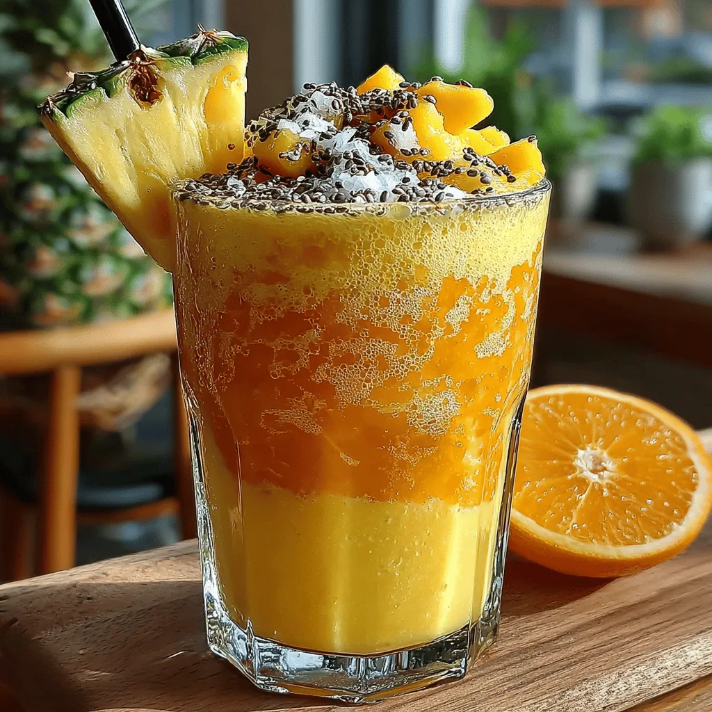 To achieve the perfect Tropical Paradise Smoothie, the order of ingredients in the blender matters significantly. Start by adding the liquid first. Pour in the coconut milk, which will help the blades move freely and blend the ingredients smoothly. Next, add the chia seeds, followed by the fruits: mango, pineapple, and banana. By placing the softer ingredients on top, they will blend more effectively, creating a creamy consistency without any chunks.