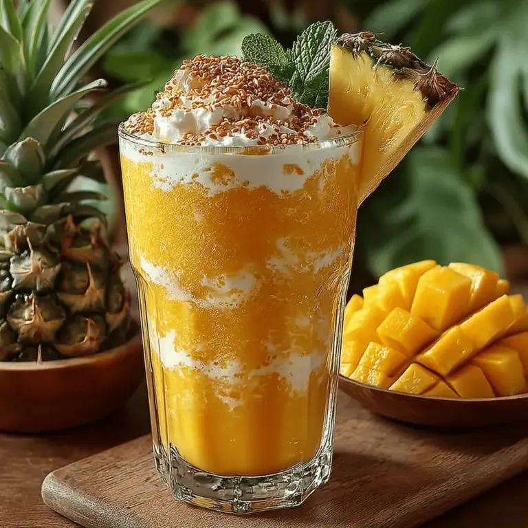 To achieve the perfect Tropical Paradise Smoothie, the order of ingredients in the blender matters significantly. Start by adding the liquid first. Pour in the coconut milk, which will help the blades move freely and blend the ingredients smoothly. Next, add the chia seeds, followed by the fruits: mango, pineapple, and banana. By placing the softer ingredients on top, they will blend more effectively, creating a creamy consistency without any chunks.