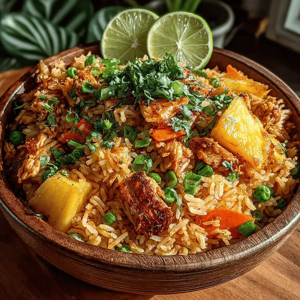Fried rice is one of the most beloved dishes across the globe, with endless variations that reflect the culinary traditions of different cultures. This humble yet versatile dish has the power to transform leftover rice into a satisfying meal, combining a rich palette of flavors and textures. Among the myriad of fried rice recipes, <strong>Tropical Delight: Pineapple Chicken Fried Rice</strong> stands out for its unique blend of sweet and savory ingredients that tantalize the taste buds and transport you to a sun-soaked paradise.” /></p>
</p>
<h2>Flavor Profile and Seasoning</h2>
</p>
<p>The flavor profile of Tropical Delight: Pineapple Chicken Fried Rice is a harmonious blend of sweet, savory, and tangy elements that come together to create a delightful dish. Central to this flavor complexity are the key seasonings: soy sauce and oyster sauce.</p>
</p>
<h3>Breakdown of Flavor Components</h3>
</p>
<p><strong>Soy Sauce</strong>: This staple in Asian cuisine provides a rich umami flavor, enhancing the overall depth of the dish while adding a hint of saltiness. The dark, savory notes of soy sauce act as a perfect backdrop for the other ingredients, ensuring that every bite of rice is flavorful.</p>
</p>
<p><strong>Oyster Sauce</strong>: Often overlooked, oyster sauce contributes a unique sweetness and a slightly thicker consistency that coats the rice beautifully. It brings a luxurious mouthfeel and a nuanced flavor that complements the chicken and vegetables. Together with soy sauce, these two ingredients create a robust seasoning base that elevates the dish.</p>
</p>
<h3>Balancing Sweetness and Savory</h3>
</p>
<p>The interplay of flavors is what makes this dish truly remarkable. The natural sweetness of the pineapple contrasts beautifully with the savory chicken and vegetables, creating a balance that pleases the palate. The juicy, caramelized bits of pineapple offer bursts of sweetness that brighten the dish, while the chicken adds heartiness.</p>
</p>
<h3>The Zest of Lime</h3>
</p>
<p>Adding lime juice to the mix enhances the overall taste of the dish. The acidity from lime cuts through the richness of the sauces and chicken, providing a refreshing zing that ties all the flavors together. Just a squeeze of lime over the finished dish before serving elevates its flavor profile to new heights, making each bite more vibrant and enjoyable.</p>
</p>
<h2>Serving Suggestions</h2>
</p>
<p>To make your Pineapple Chicken Fried Rice not only delicious but visually appealing, consider garnishing it with fresh herbs. Cilantro or basil can add a pop of color and a layer of freshness that complements the tropical flavors. Simply chop a handful of either herb and sprinkle it over the top just before serving.</p>
</p>
<h3>Side Dishes and Drink Pairings</h3>
</p>
<p>While the fried rice is a complete meal on its own, it can be paired with a variety of side dishes for a more rounded dining experience. Consider serving it alongside:</p>
</p>
<p>– <strong>Spring Rolls</strong>: Light and crispy spring rolls with a sweet dipping sauce can provide a nice contrast to the warm, savory rice.</p>
<p>– <strong>Asian Slaw</strong>: A crunchy, tangy slaw made from cabbage, carrots, and a light sesame dressing adds freshness and texture.</p>
<p>– <strong>Grilled Veggies</strong>: Lightly charred vegetables, such as bell peppers, zucchini, or asparagus, can enhance the tropical theme and provide additional nutrients.</p>
</p>
<p>For drinks, a chilled glass of coconut water or a fruity mocktail made with pineapple juice and sparkling water can complement the meal beautifully. If you prefer something stronger, a light lager or a fruity white wine can also pair wonderfully.</p>
</p>
<h3>Versatility for Meal Prep and Entertaining</h3>
</p>
<p>One of the best aspects of Pineapple Chicken Fried Rice is its versatility. It can be prepared in bulk for meal prep, making it an excellent choice for busy weeknights. Store individual portions in airtight containers in the fridge, and you have a quick meal ready to go when you need it.</p>
</p>
<p>Additionally, this dish shines when entertaining guests. Its vibrant colors and enticing aromas are sure to impress at any gathering. Consider serving it in a large bowl for a communal dining experience, allowing guests to help themselves.</p>
</p>
<h2>Nutritional Information</h2>
</p>
<p>Understanding the nutritional content of your meals is crucial for maintaining a balanced diet. Pineapple Chicken Fried Rice offers a range of health benefits while being a satisfying dish.</p>
</p>
<h3>Overview of Nutritional Benefits</h3>
</p>
<p>Per serving, this dish is not only delicious but also nutritious. Here’s a general breakdown of what you can expect:</p>
</p>
<p>– <strong>Calories</strong>: Approximately 400-500 calories, depending on portion size and additional ingredients.</p>
<p>– <strong>Proteins</strong>: Around 25 grams of protein from the chicken, making it a great choice for muscle repair and growth.</p>
<p>– <strong>Fats</strong>: Approximately 10-15 grams of fat, primarily from cooking oil and chicken. Opt for healthier oils like avocado or olive oil to keep it light.</p>
<p>– <strong>Carbohydrates</strong>: About 60 grams, mainly from the rice and vegetables, providing energy to fuel your day.</p>
</p>
<h3>Dietary Preferences and Adjustments</h3>
</p>
<p>This dish can be easily adjusted to accommodate various dietary preferences. For a vegetarian or vegan option, simply substitute the chicken with tofu or tempeh and use plant-based sauces. You can also replace white rice with brown rice or cauliflower rice for a healthier, lower-carb option.</p>
</p>
<p>In addition, consider adding more vegetables such as bell peppers, peas, or broccoli to enhance the nutritional profile without significantly altering the flavor.</p>
</p>
<h2>Conclusion</h2>
</p>
<p>Tropical Delight: Pineapple Chicken Fried Rice is a dish that encapsulates the essence of tropical flavors in a quick, convenient meal. The blend of sweet pineapple, savory chicken, and vibrant vegetables, all enhanced by the rich umami of soy and oyster sauces, creates a delightful experience for the senses.</p>
</p>
<p>This recipe is not only simple to prepare but also versatile enough to suit any occasion, from weeknight dinners to festive gatherings. It’s a perfect canvas for culinary creativity, encouraging you to experiment with various ingredients and flavors.</p>
</p>
<p>So, gather your ingredients, whip up this delicious fried rice, and enjoy the burst of flavors that will transport you to a tropical paradise. Whether you’re cooking for yourself or entertaining guests, this dish is sure to be a crowd-pleaser. Embrace the joy of cooking and savor the delightful tastes of the tropics with every bite!</p>
</div>