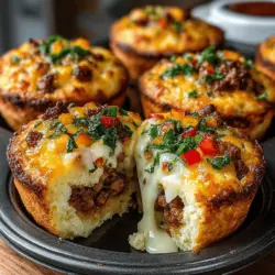 Mini Breakfast Biscuit Bomb Bites are a delightful way to start your day or elevate your brunch gatherings with family and friends. These tantalizing bites combine a flaky, buttery biscuit dough with a savory filling that features breakfast sausage, sharp cheddar cheese, and colorful bell peppers, making them not only a feast for the taste buds but also a visual treat. The beauty of these biscuit bomb bites lies in their simplicity; they can be prepared in under an hour, making them an ideal choice for busy mornings or leisurely weekend brunches.