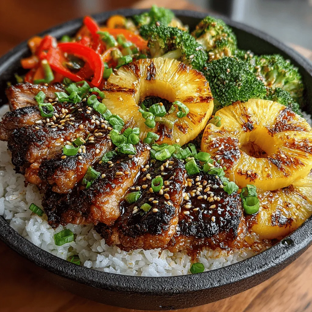 If you’re in search of a dish that promises to tantalize your taste buds while also being a feast for the eyes, look no further than Grilled Pineapple Chicken Teriyaki Bowls. This vibrant and flavorful meal is the epitome of culinary fusion, blending the savory goodness of marinated chicken thighs with the sweet, tropical essence of grilled pineapple. Served atop a fluffy bed of jasmine rice and accompanied by a medley of colorful vegetables, these bowls are perfect for a quick weeknight dinner or an impressive dish to serve at a weekend gathering.