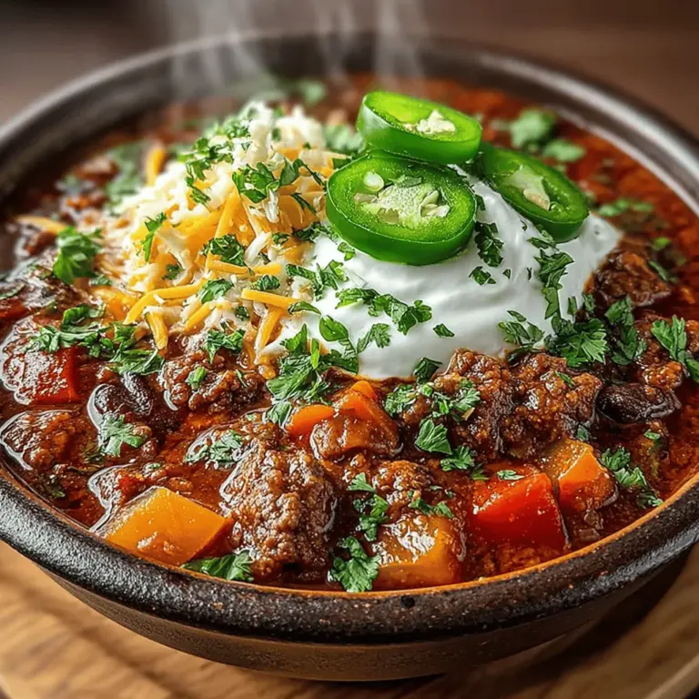 The Sweet & Spicy Fig Jam Chili is a unique culinary creation that perfectly balances sweetness and heat. At first bite, the robust flavors of chili and spices hit your palate, followed by the subtle sweetness from the fig jam, which adds a layer of complexity to the dish. This unexpected combination of ingredients creates a rich tapestry of taste that excites the senses. The figs provide a natural sweetness that contrasts wonderfully with the spiciness of the chili peppers, ensuring that each spoonful is a delightful blend of flavors.
