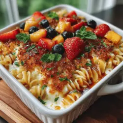 Welcome to the delightful world of Fruity Delight Pasta Bake, a unique recipe that combines the comforting essence of traditional pasta with an unexpected twist of luscious fruits. This dish stands out for its harmonious blend of savory and sweet flavors, making it a refreshing addition to any meal repertoire. Whether you're hosting a family gathering, attending a potluck, or simply looking for a comforting weeknight dinner, this pasta bake promises to impress palates of all ages.