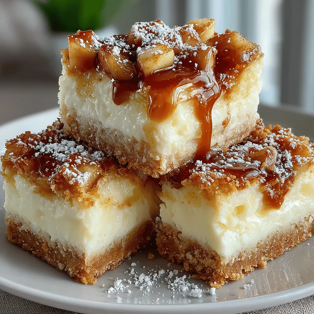Apple Cinnamon Cheesecake Bars are a delightful fusion of creamy cheesecake and spiced apple topping, resulting in a dessert that is both comforting and elegant. These bars elegantly combine the flavors of rich cheesecake with the warmth of spiced apples, creating a treat that's perfect for any occasion—from cozy family gatherings to festive holiday celebrations. With the buttery crunch of a graham cracker crust, a velvety cheesecake filling, and a sweet apple topping, these bars promise to be a hit at your next dessert table.