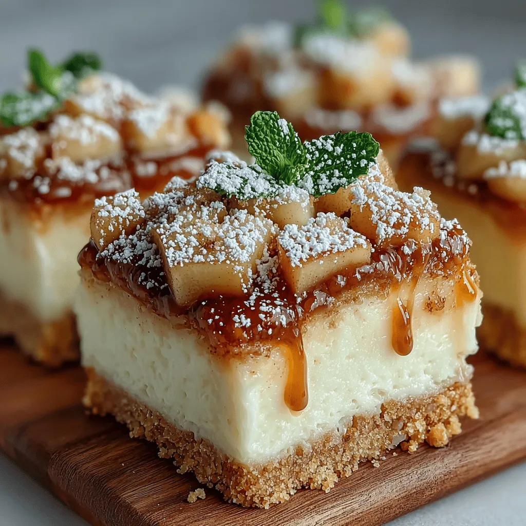 Apple Cinnamon Cheesecake Bars are a delightful fusion of creamy cheesecake and spiced apple topping, resulting in a dessert that is both comforting and elegant. These bars elegantly combine the flavors of rich cheesecake with the warmth of spiced apples, creating a treat that's perfect for any occasion—from cozy family gatherings to festive holiday celebrations. With the buttery crunch of a graham cracker crust, a velvety cheesecake filling, and a sweet apple topping, these bars promise to be a hit at your next dessert table.