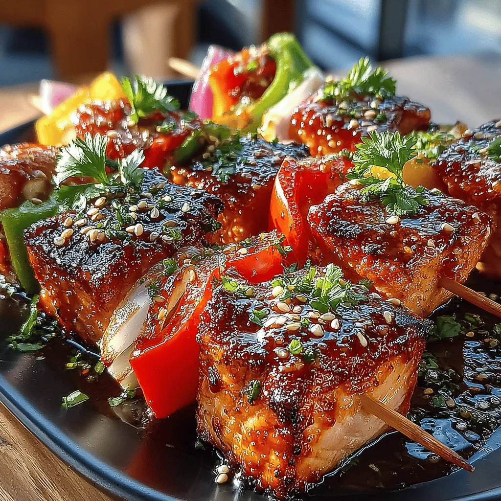 <strong>Introduction</strong>” /></p>
</p>
<h2>Choosing Seasonal Vegetables for Freshness and Taste</h2>
</p>
<p>When creating the perfect grilled salmon skewers, the choice of vegetables is just as crucial as the salmon itself. Seasonal vegetables not only enhance the dish’s flavor but also add color and texture that make your meal visually appealing. Here are some great options to consider:</p>
</p>
<p>– <strong>Bell Peppers</strong>: Available in various colors, bell peppers add sweetness and crunch to the skewers. Opt for vibrant reds, yellows, or oranges for a pop of color.</p>
<p>– <strong>Zucchini</strong>: This versatile vegetable grills beautifully and complements the rich flavors of salmon. Slice them into thick rounds or half-moons for easy threading.</p>
<p>– <strong>Red Onion</strong>: Adding a slight sharpness, red onions caramelize wonderfully when grilled. Cut them into wedges for easy skewering.</p>
<p>– <strong>Cherry Tomatoes</strong>: Their juiciness and sweetness make them a perfect pairing with savory salmon. Just thread them whole onto the skewers.</p>
<p>– <strong>Asparagus</strong>: In season during the spring, these tender stalks bring a fresh crunch to the mix. Trim them to about 6 inches in length for easy handling.</p>
</p>
<p>Choosing vegetables that are in season not only ensures maximum freshness but also supports local farmers and reduces your carbon footprint.</p>
</p>
<h2>Assembling the Skewers</h2>
</p>
<p>Creating visually appealing skewers involves a few simple steps. Here’s how to assemble your teriyaki salmon skewers effectively:</p>
</p>
<h3>Step-by-Step Guide to Threading the Skewers</h3>
</p>
<p>1. <strong>Prepare Your Ingredients</strong>: Ensure your salmon is cut into bite-sized cubes, and your vegetables are cleaned and cut to appropriate sizes for easy threading.</p>
<p>2. <strong>Soak Wooden Skewers</strong>: If using wooden skewers, soak them in water for at least 30 minutes before grilling to prevent burning.</p>
<p>3. <strong>Start with Vegetables</strong>: Begin by threading a piece of vegetable onto the skewer, such as a bell pepper or zucchini slice.</p>
<p>4. <strong>Add Salmon</strong>: Follow with a cube of salmon, ensuring that each piece is firm and not overly soft.</p>
<p>5. <strong>Alternate Ingredients</strong>: Continue alternating vegetables and salmon pieces. For example, a skewer could start with a cherry tomato, followed by salmon, zucchini, and then onion.</p>
<p>6. <strong>Leave Space</strong>: Make sure to leave some space between each item on the skewer. This allows for even cooking and easier flipping on the grill.</p>
</p>
<h3>Tips for Alternating Salmon and Vegetables for Visual Appeal</h3>
</p>
<p>– <strong>Color Variety</strong>: Use a variety of colored vegetables to create a vibrant skewer that’s visually stunning.</p>
<p>– <strong>Shape Consistency</strong>: Aim for similar sizes for both salmon and vegetables to ensure even cooking.</p>
<p>– <strong>Create Patterns</strong>: Consider a pattern such as salmon, onion, bell pepper, salmon, zucchini. This not only looks appealing but also balances flavors.</p>
</p>
<h3>Suggestions for Varying Combinations Based on Personal Preference or Seasonal Availability</h3>
</p>
<p>Feel free to mix and match based on what’s available or what you enjoy most. For a Mediterranean twist, try adding olives and artichokes. If you prefer a spicier kick, consider including jalapeños or other hot peppers. The key is to experiment and find combinations that excite your palate.</p>
</p>
<h2>Grilling Techniques for Perfect Skewers</h2>
</p>
<p>Grilling salmon skewers to perfection requires understanding a few essential techniques. Here are some tips to ensure your skewers are cooked just right:</p>
</p>
<h3>Importance of Preheating the Grill</h3>
</p>
<p>Preheating your grill is crucial for achieving that perfect sear and preventing sticking. Aim for a temperature of around 400°F (200°C) before placing your skewers on the grill. This high heat will help create beautiful grill marks and lock in flavor.</p>
</p>
<h3>Techniques to Avoid Sticking</h3>
</p>
<p>– <strong>Oil the Grill Grates</strong>: Before placing the skewers on the grill, lightly oil the grates with a paper towel dipped in oil. This helps prevent the salmon and vegetables from sticking.</p>
<p>– <strong>Manage Heat</strong>: If you notice flare-ups or excessive smoke, adjust the heat to medium. This will help maintain a steady cooking temperature without burning the skewers.</p>
</p>
<h3>Timing and Monitoring Doneness</h3>
</p>
<p>Cooking time will vary depending on the size of your salmon pieces and vegetables. As a general guideline:</p>
</p>
<p>– <strong>Cook for 8-10 minutes</strong>: Grill the skewers for 4-5 minutes on each side, turning them carefully to prevent the salmon from breaking apart.</p>
<p>– <strong>Check for Doneness</strong>: Salmon is perfectly cooked when it flakes easily with a fork and has an internal temperature of 145°F (63°C). The vegetables should be tender yet crisp.</p>
</p>
<h3>Basting with Marinade</h3>
</p>
<p>To enhance the flavor while grilling, consider basting your skewers with additional teriyaki marinade during the last few minutes of cooking. This adds a more intense flavor and keeps the salmon moist.</p>
</p>
<h2>Serving Suggestions</h2>
</p>
<p>Once your teriyaki salmon skewers are beautifully grilled, it’s time to plate them up. Here are some ideal accompaniments and presentation tips:</p>
</p>
<h3>Ideal Accompaniments for Teriyaki Salmon Skewers</h3>
</p>
<p>– <strong>Jasmine Rice</strong>: This fragrant rice is a perfect base for the skewers, absorbing the delicious teriyaki sauce.</p>
<p>– <strong>Green Salad</strong>: A light salad with fresh greens, cucumber, and a sesame dressing complements the richness of the salmon.</p>
</p>
<h3>Ideas for Dipping Sauces or Additional Garnishes</h3>
</p>
<p>– <strong>Soy Sauce</strong>: A classic choice, soy sauce can add an extra layer of flavor.</p>
<p>– <strong>Sesame Seeds</strong>: Sprinkle toasted sesame seeds over the skewers for a nutty finish.</p>
<p>– <strong>Sliced Green Onions</strong>: Freshly chopped green onions add a burst of color and flavor.</p>
</p>
<h3>Presentation Tips for a Beautiful Serving Platter</h3>
</p>
<p>– <strong>Colorful Platter</strong>: Use a vibrant platter to showcase the colorful skewers.</p>
<p>– <strong>Garnish Wisely</strong>: Place a handful of fresh herbs like cilantro or parsley around the skewers for a fresh touch.</p>
<p>– <strong>Serve Hot</strong>: Ensure the skewers are served immediately while still hot for the best eating experience.</p>
</p>
<h2>Nutritional Information</h2>
</p>
<p>Grilled salmon skewers are not only delicious but also packed with nutrition. Here’s a breakdown of their health benefits:</p>
</p>
<h3>Overview of the Health Benefits of Salmon and Vegetables</h3>
</p>
<p>Salmon is an excellent source of omega-3 fatty acids, which are essential for heart health and brain function. It is also rich in protein, B vitamins, and minerals like selenium. The addition of seasonal vegetables boosts the fiber, vitamins, and antioxidants in this dish, making it a balanced meal.</p>
</p>
<h3>Nutritional Breakdown Per Serving</h3>
</p>
<p>– <strong>Calories</strong>: Approximately 300 calories (varies based on portion size and ingredients)</p>
<p>– <strong>Protein</strong>: 30g</p>
<p>– <strong>Fats</strong>: 15g</p>
<p>– <strong>Vitamins and Minerals</strong>: High in Vitamin D, Vitamin B12, and selenium, alongside various vitamins from the vegetables.</p>
</p>
<h3>Discussion on Balancing Meals with Grilled Skewers as a Healthy Choice</h3>
</p>
<p>Grilled salmon skewers can fit into any healthy eating plan. They provide a balanced combination of protein, healthy fats, and essential nutrients, making them a perfect choice for lunch or dinner. Pair them with whole grains and a variety of vegetables to create a complete meal that satisfies and nourishes.</p>
</p>
<h2>Conclusion</h2>
</p>
<p>Making teriyaki salmon skewers at home is a delightful experience that combines flavor, nutrition, and ease of preparation. The smoky, sweet notes of the teriyaki sauce pair beautifully with the tender salmon and fresh vegetables, making this dish a standout at any gathering.</p>
</p>
<p>Don’t hesitate to experiment with different proteins, such as shrimp or chicken, or mix up the vegetables based on what’s in season. Whether for a family dinner, a summer barbecue, or a casual get-together, these skewers are sure to please.</p>
</p>
<p>As you embrace the joy of cooking and grilling, these teriyaki salmon skewers could easily become a family favorite, bringing everyone together around the table for a delicious and healthy meal. Enjoy the process, and happy grilling!</p>
</div>