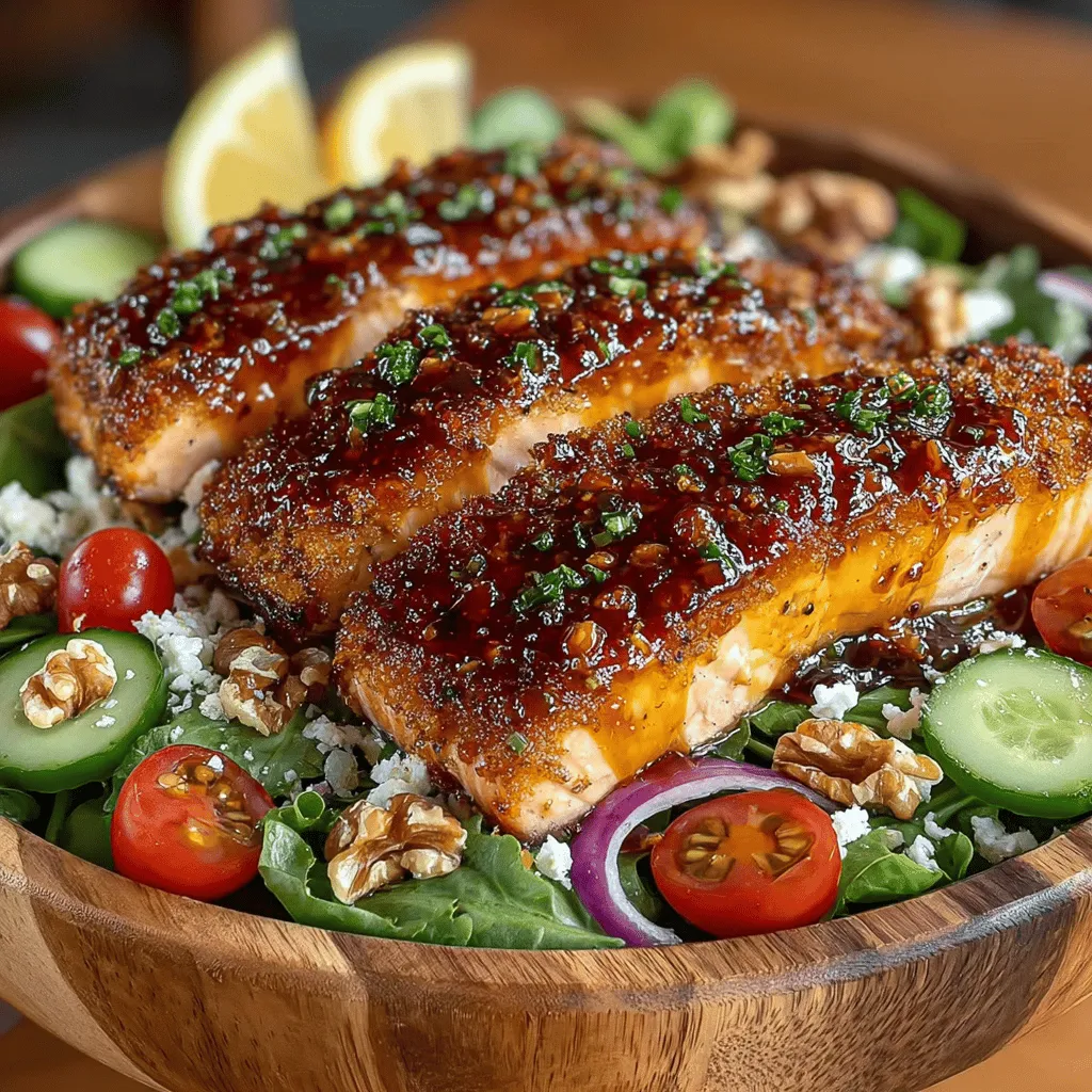 <strong>Introduction</strong>” /></p>
</p>
<h2>Baking the Salmon to Perfection</h2>
</p>
<h3>Recommended Oven Temperature and Baking Time</h3>
<p>To achieve perfectly baked salmon, preheat your oven to 400°F (200°C). This temperature allows the salmon to cook evenly while developing a slightly caramelized crust from the honey mustard glaze. Place the salmon fillets on a lined baking sheet and bake for approximately 12-15 minutes, depending on the thickness of the fillets. For standard fillets, 12 minutes is typically sufficient, but thicker portions may require an additional couple of minutes.</p>
</p>
<h3>Visual Cues to Ensure Salmon is Properly Cooked</h3>
<p>The key to ensuring your salmon is cooked just right lies in observing its color and texture. When done, the salmon should be opaque and easily flake with a fork. The internal temperature should reach 145°F (63°C) for safe consumption. If you notice the fish turning from a translucent pink to an opaque color, it’s a good indication that it is nearly finished.</p>
</p>
<h3>Tips for Ensuring the Salmon Remains Moist and Flaky</h3>
<p>To keep your salmon moist and flaky, consider these tips:</p>
<p>– <strong>Marinating:</strong> Allow the salmon to marinate in the honey mustard glaze for 30 minutes before baking. This not only enhances flavor but also helps to tenderize the fish.</p>
<p>– <strong>Foil Wrapper:</strong> Optionally, you can wrap the salmon in aluminum foil to create a steaming effect, which helps retain moisture.</p>
<p>– <strong>Baste Midway:</strong> Halfway through baking, baste the salmon with the remaining glaze to prevent it from drying out and to enhance flavor.</p>
</p>
<h2>Creating the Perfect Salad Base</h2>
</p>
<h3>Detailed Instructions on Combining Salad Ingredients</h3>
<p>For the salad base, you’ll want to combine fresh greens with a variety of colorful vegetables. Start with a mix of arugula and baby spinach for a peppery yet mild flavor. Add sliced cucumbers, halved cherry tomatoes, and shredded carrots for crunch and sweetness. Combine these ingredients in a large bowl and toss gently to ensure an even distribution.</p>
</p>
<h3>Importance of Freshness and Quality in Salad Preparation</h3>
<p>Using fresh, high-quality ingredients is essential for elevating your salad. Look for vibrant greens that are crisp and free from wilting or browning. Seasonal vegetables not only add flavor but also nutritional value to your dish. The freshness of the produce will shine through in every bite, making the salad more enjoyable and satisfying.</p>
</p>
<h3>Suggestions for Seasonal Variations of the Salad Ingredients</h3>
<p>Feel free to adapt your salad based on what’s in season. In the spring, consider adding asparagus or snap peas. In the summer, switch to grilled zucchini or bell peppers. During the fall, roasted butternut squash and apples can add warmth, while winter salads can benefit from hearty kale and pomegranate seeds. This flexibility allows you to create a unique dish that reflects the season and keeps your meals exciting.</p>
</p>
<h2>Crafting the Dressing</h2>
</p>
<h3>Breakdown of the Dressing Ingredients and Their Roles</h3>
<p>The dressing for your salad is a vital component that ties all the flavors together. For our honey mustard dressing, you will need:</p>
<p>– <strong>Honey:</strong> Adds natural sweetness and balances the acidity.</p>
<p>– <strong>Dijon Mustard:</strong> Provides a tangy kick and depth of flavor.</p>
<p>– <strong>Olive Oil:</strong> Acts as a base, helping to emulsify the dressing and add richness.</p>
<p>– <strong>Apple Cider Vinegar:</strong> Brings acidity to brighten the flavors.</p>
</p>
<p>Combine these ingredients in a small bowl or jar and whisk or shake until fully emulsified.</p>
</p>
<h3>Tips for Adjusting Acidity and Sweetness Levels to Personal Preference</h3>
<p>Taste your dressing before adding it to the salad. If you prefer it sweeter, add a little more honey; if you want more tang, increase the vinegar. Balancing these elements according to your palate will ensure the dressing perfectly complements the salmon and salad.</p>
</p>
<h3>Discussion on How the Dressing Can Elevate the Overall Dish</h3>
<p>A well-crafted dressing can transform a simple salad into a culinary delight. The honey mustard dressing not only enhances the salmon but also adds a layer of complexity to the fresh vegetables. The combination of sweet, tangy, and savory notes will make each bite more exciting and satisfying.</p>
</p>
<h2>Assembling the Dish</h2>
</p>
<h3>Detailed Guide on How to Layer the Salad for Presentation</h3>
<p>For a visually appealing presentation, start by placing a generous handful of your salad base on individual plates or a large serving bowl. Next, flake the baked salmon into large pieces and arrange it on top of the greens. Drizzle the honey mustard dressing over the salmon and salad, allowing it to cascade down.</p>
</p>
<h3>Suggestions for Serving Styles (Individual Plates vs. Shared Bowl)</h3>
<p>Both individual plates and a shared bowl have their merits. Individual plates offer a polished presentation and make serving easier, especially for gatherings. Conversely, a shared bowl invites a communal atmosphere, perfect for family-style dining. Whichever style you choose, remember to keep the salad fresh and crisp right before serving.</p>
</p>
<h3>Importance of Serving the Salad Fresh for Optimal Taste and Texture</h3>
<p>To ensure the best taste and texture, serve the salad immediately after assembling. The greens will wilt if left sitting too long dressed, and the salmon will maintain its flaky texture if served fresh. To keep the salad vibrant, dress it just before serving.</p>
</p>
<h2>Nutritional Analysis of the Dish</h2>
</p>
<h3>Overview of the Health Benefits of the Completed Dish</h3>
<p>This Honey Mustard Glazed Salmon Salad is not only delicious but also packed with health benefits. Salmon is rich in omega-3 fatty acids, which are known for promoting heart health and reducing inflammation. The fresh vegetables provide essential vitamins, minerals, and dietary fiber, contributing to overall wellness.</p>
</p>
<h3>Caloric Breakdown and Macronutrient Information per Serving</h3>
<p>A typical serving of this salad, including salmon and dressing, contains approximately 350-400 calories. It provides a balanced macronutrient profile, with roughly 25g of protein, 20g of healthy fats, and 15g of carbohydrates, depending on the specific ingredients used.</p>
</p>
<h3>Discussion on How the Dish Fits into Various Dietary Lifestyles</h3>
<p>This dish is versatile and can fit into various dietary lifestyles. It aligns well with Mediterranean diets due to its emphasis on healthy fats and fresh produce. For those following low-carb or keto diets, it offers a protein-rich meal with minimal carbohydrates. Additionally, the use of wholesome ingredients makes it suitable for those looking to eat clean and prioritize nutrition.</p>
</p>
<h2>Conclusion</h2>
<p>The Honey Mustard Glazed Salmon Salad is a delightful combination of flavors and textures, making it a standout dish for any occasion. With its health benefits and delicious taste, it serves as a perfect meal for those seeking both nourishment and indulgence.</p>
</p>
<p>By making this dish at home, you not only enjoy the satisfaction of cooking but also the pleasure of indulging in fresh, quality ingredients. We encourage you to try this recipe and experience the sweet harmony of flavors for yourself. Enjoy the process of cooking, and let the joy of combining vibrant ingredients inspire your culinary pursuits.</p>
</div>